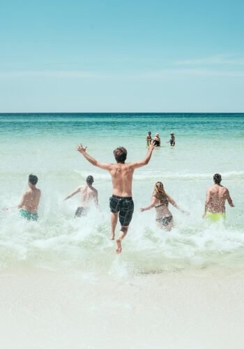 beach, people, running, ocean, sea, seashore, splash, water, bathing, group, fun, active, holidays, nature, vacation, summer, summer vacation